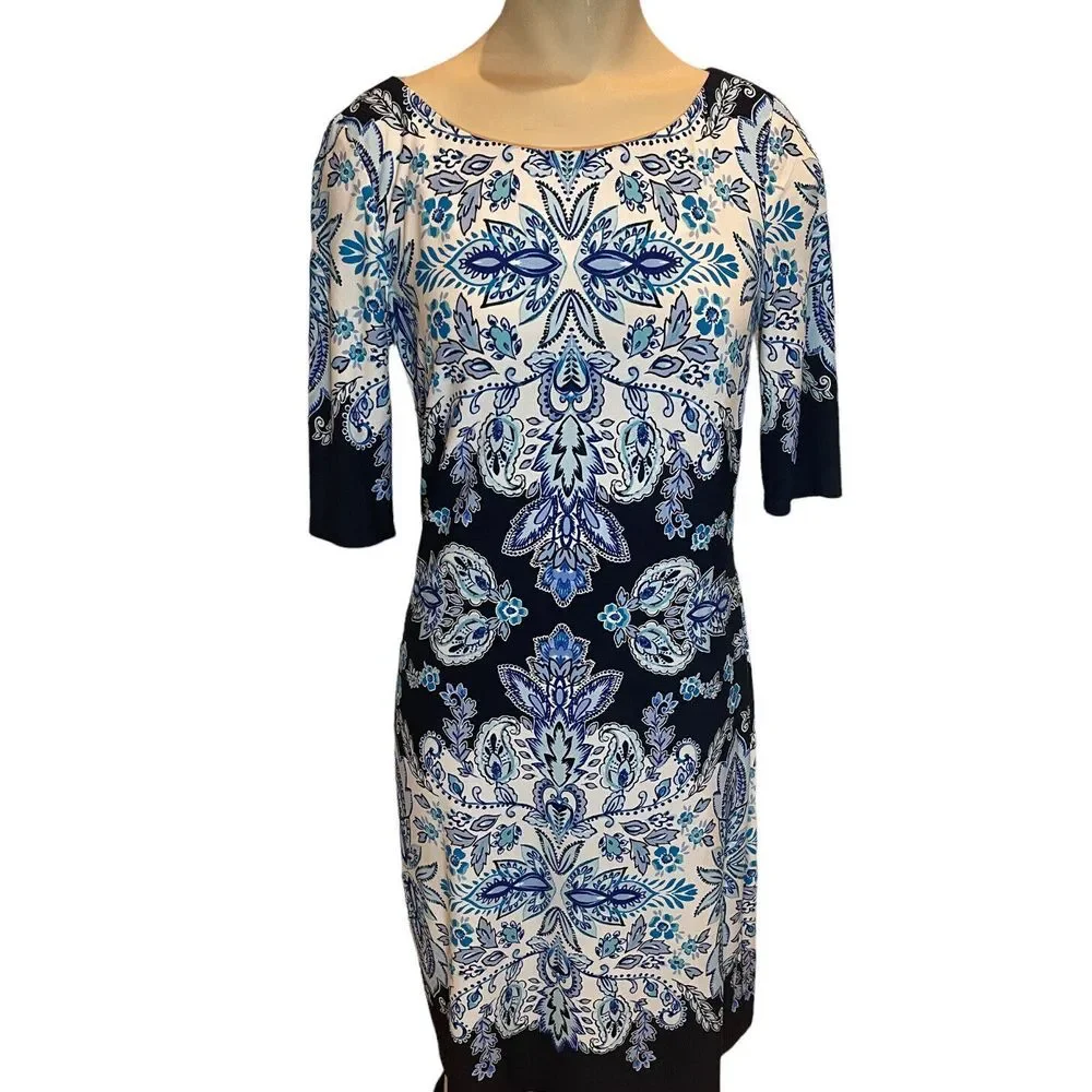Eliza J Sheath Dress Women's Size 4 Print Blue Victorian Geom Pattern Crew‎ Neck
